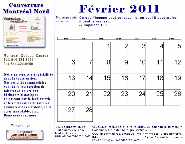 Votre cyber calendrier de Fvrier 2011