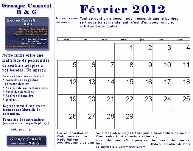 Votre cyber calendrier de Fevrier 2012