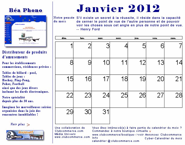 Votre cyber calendrier de Janvier 2012