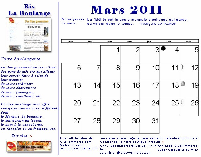 Votre cyber calendrier de Mars 2011