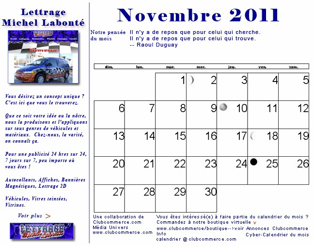 Votre cyber calendrier de Novembre 2011