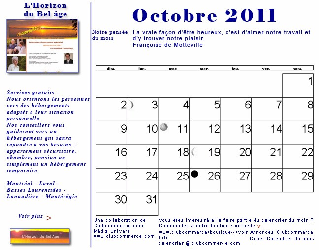Votre cyber calendrier de Octobre 2011